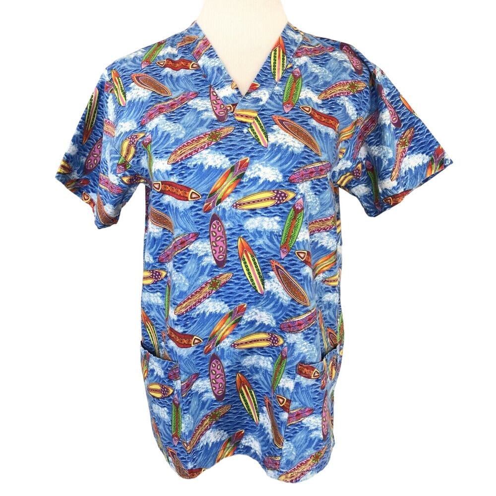 Med Gear Scrub Top V Neck Surf Boards Motif Short Sleeves Blue Size Small